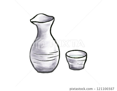 A simple watercolor illustration set of a sake bottle and sake cup A simple watercolor illustration set of a sake bottle and sake cup 121100387