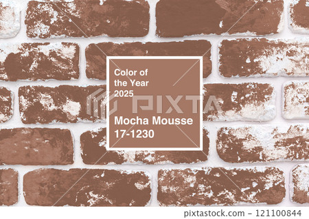 Mocha Mousse color of the year 2025 displayed on a textured brick wall showcasing a warm, inviting palette for contemporary design 121100844