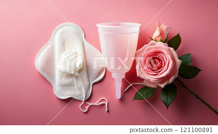 Illustrations of sanitary napkins, tampons, menstrual cups and other sanitary products Illustrations of sanitary napkins, tampons, menstrual cups and other sanitary products 121100891