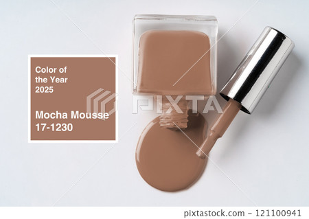 Beautiful mocha mousse nail polish showcases the 2025 color of the year in a clean, modern layout Beautiful mocha mousse nail polish showcases the 2025 color of the year in a clean, modern layout 121100941