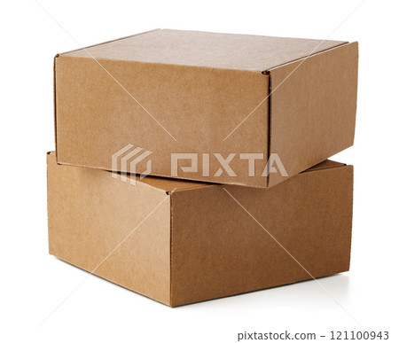 Two brown cardboard boxes stacked together on a plain surface Two brown cardboard boxes stacked together on a plain surface 121100943