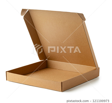Empty cardboard box on a white surface showing its open position Empty cardboard box on a white surface showing its open position 121100973