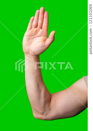 Hand raised against a vibrant green background Hand raised against a vibrant green background 121101069