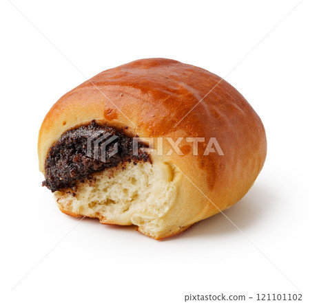Sweet pastry filled with rich chocolate cream displayed on a white background Sweet pastry filled with rich chocolate cream displayed on a white background 121101102