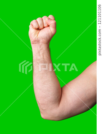 A muscular arm making a fist against a bright green background 121101106