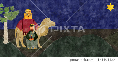 Wise man and a camel with gifts, gold, myrrh, frankincense Christmas watercolor card on dark textured background. Hand painted art for invitations, posters, banners, celebration, church web pages Wise man and a camel with gifts, gold, myrrh, frankincense Christmas watercolor card on dark textured background. Hand painted art for invitations, posters, banners, celebration, church web pages 121101182
