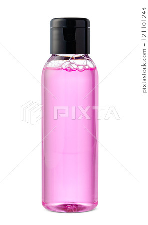 Clear plastic bottle filled with liquid, commonly used for skincare products 121101243