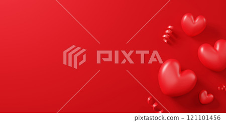 Valentine's day banner design of hearts and ribbon on red background with copy space 3d render 121101456