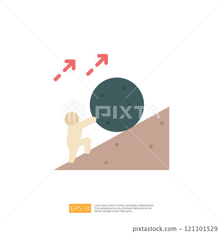 An illustration of a person pushing a large boulder uphill, symbolizing effort and perseverance. 121101529