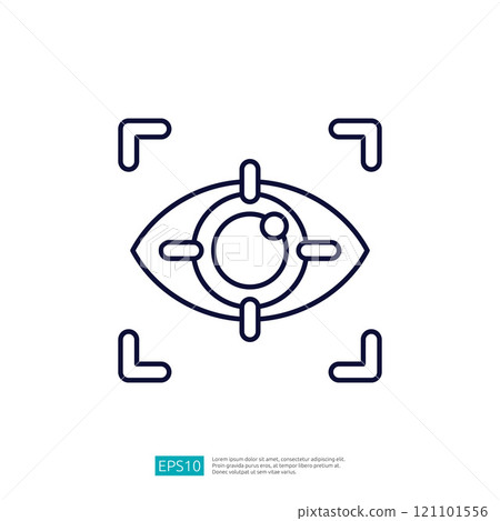 This image features a minimalist outline of an eye with a circular center, framed by four corner markers, suggesting a focus or targeting concept. This image features a minimalist outline of an eye with a circular center, framed by four corner markers, suggesting a focus or targeting concept. 121101556
