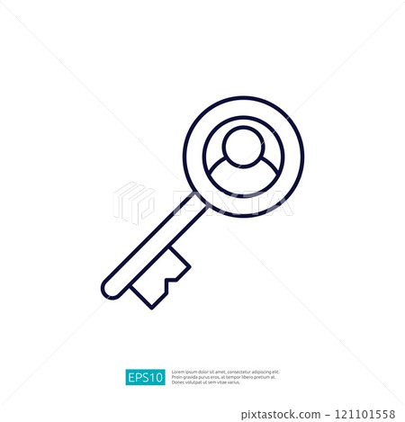 This image features a simple line drawing of a key with a circular head and a cutout silhouette of a person, symbolizing access or security related to personal identity. This image features a simple line drawing of a key with a circular head and a cutout silhouette of a person, symbolizing access or security related to personal identity. 121101558
