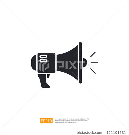 A black silhouette of a megaphone with sound waves emanating from it, symbolizing communication, announcements, or broadcasting. A black silhouette of a megaphone with sound waves emanating from it, symbolizing communication, announcements, or broadcasting. 121101581