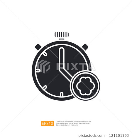 The image features a stylized stopwatch alongside a circular emblem, symbolizing time management and efficiency. 121101593