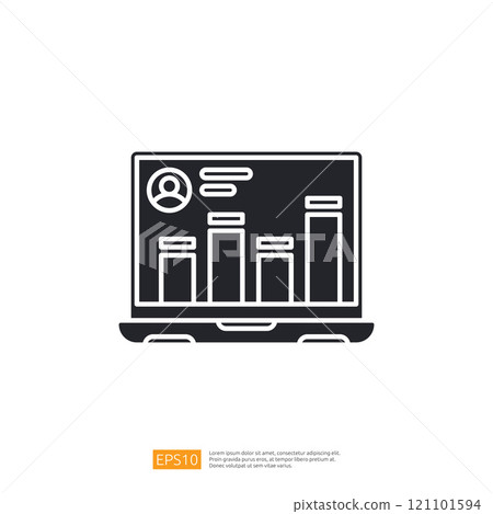 A minimalist illustration of a laptop displaying user profile information and bar graphs, representing data analysis and business insights. 121101594