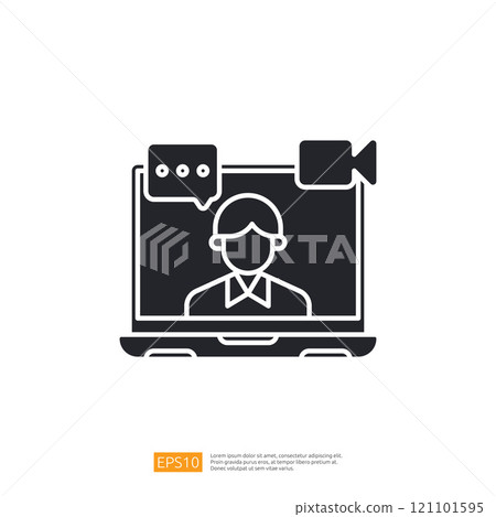 This image depicts a laptop with a person on the screen, featuring a video camera icon and chat bubbles, symbolizing online communication and virtual meetings. 121101595