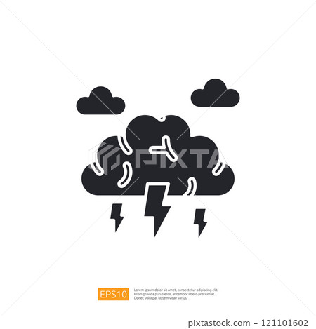 A stylized graphic representation of a storm cloud, featuring lightning bolts and clouds, illustrating weather conditions. 121101602
