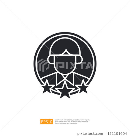 A minimalist icon depicting a person with a cap and three stars, symbolizing achievement or recognition. A minimalist icon depicting a person with a cap and three stars, symbolizing achievement or recognition. 121101604