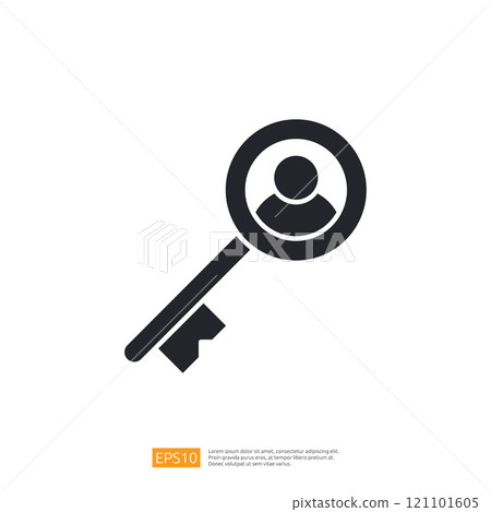 The image depicts a key symbol with a magnifying glass overlaying a person icon, representing security, access, and identity verification. 121101605