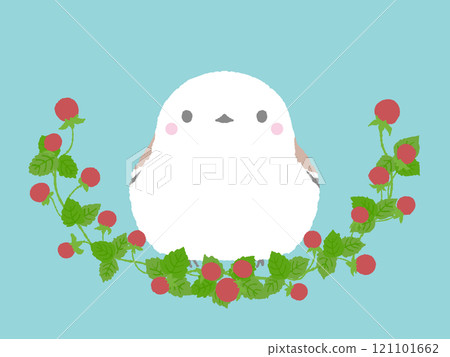 Long-tailed tit and strawberry (A heartwarming, cute picture book-style illustration) Long-tailed tit and strawberry (A heartwarming, cute picture book-style illustration) 121101662