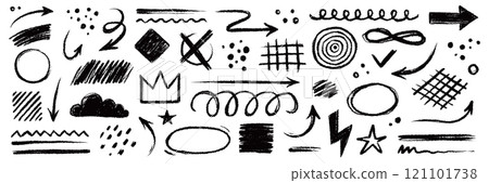 Arrow brush line chalk sketch texture brush vector set. Crayon marker scribble sketch stroke arrow element line brush hand drawn design. Texture abstract chalk, crayon style. Vector 121101738