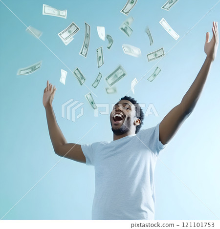 A man expresses pure joy, arms raised high with excitement as cash bills cascade around him. This vibrant celebration symbolizes achieving dreams and the thrill of newfound prosperity. 121101753