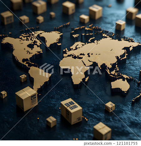 Delicate cardboard boxes are arranged meticulously to create a detailed representation of the world map, symbolizing international logistics and trade. 121101755
