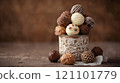 Various handcrafted chocolates are beautifully arranged in a vintage lace-adorned container on a wooden surface. 121101779