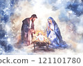 In a serene and ethereal atmosphere, Mary and Joseph kneel beside their newborn, Jesus, enveloped in soft light and vibrant colors, conveying a sense of peace and joy during the holy birth. 121101780