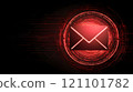 Red envelope glows brightly at the center, surrounded by intricate patterns that evoke a sense of digital engagement and communication. A representation of the evolving virtual world. 121101782