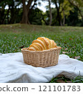 A charming wicker basket filled with golden, crispy snacks is placed atop a white blanket spread on lush green grass. 121101783