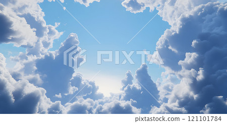 In the tranquil afternoon, fluffy clouds cradle the radiant sun, creating a breathtaking array of blues and whites. Nature unveils a mesmerizing tapestry, inviting reflection and wonder. 121101784