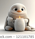 A charming little creature holds a steaming mug wrapped in a warm scarf while a flickering candle glows nearby. 121101785