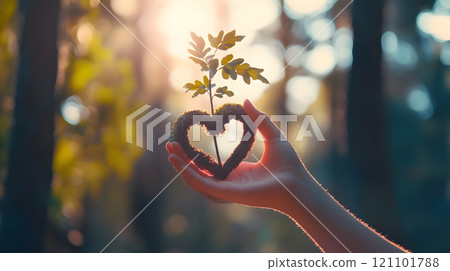 A hand gently holds a vibrant green sapling surrounded by a heart-shaped mass of moss, evoking a profound connection to nature. 121101788