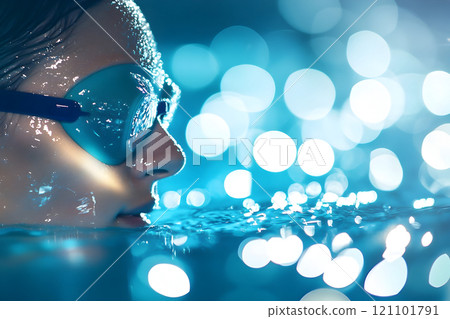 A determined swimmer emerges from the depths, water droplets glistening around them, reflecting their intensity and passion in a serene aquatic setting. 121101791