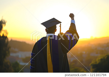 A proud graduate raises a fist in celebration against the backdrop of a vibrant sunset. 121101794