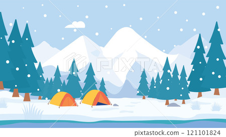 Camping Camp Tent with River Ice Mountain Landscape and Pine Trees in Snow Winter Season Camping Camp Tent with River Ice Mountain Landscape and Pine Trees in Snow Winter Season 121101824