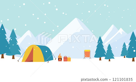Winter Snow Holiday with Camping Camp Tent in Ice Mountain Nature Landscape with Pine Trees 121101835