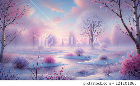 A fantastical fusion of spring and winter - a dreamlike landscape of cherry blossoms and snowflakes 121101863