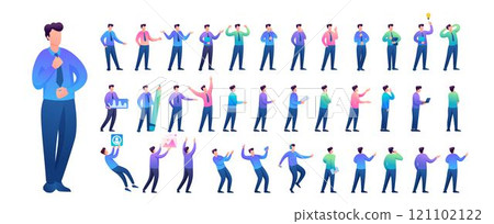 Set of Young Man. Presentation in various in various poses and actions. 2D Flat character vector illustration N9 Set of Young Man. Presentation in various in various poses and actions. 2D Flat character vector illustration N9 121102122