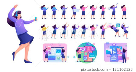 Set of Young Woman. Presentation in various in various poses and actions. 2D Flat character vector illustration N11 Set of Young Woman. Presentation in various in various poses and actions. 2D Flat character vector illustration N11 121102123