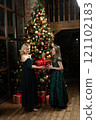 present gift tree decoration holiday winter celebration christmas girl family people surprise 121102183