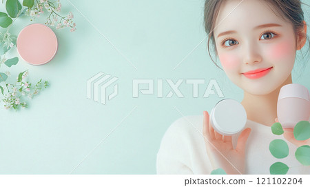 Smiling young woman holding cosmetics 121102204