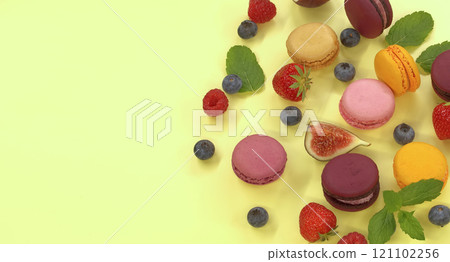 Table filled with array of macaroons and fruits Table filled with array of macaroons and fruits 121102256