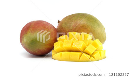 Fresh and Juicy Ripe Mangoes With a Sliced Half on a White Background Fresh and Juicy Ripe Mangoes With a Sliced Half on a White Background 121102257