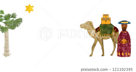 Wise man, magi, a camel with gifts, gold, myrrh, frankincense Christmas star watercolor card. Hand painted art for invitations, posters, stickers, banners, celebration of true Christmas. Cute clip art Wise man, magi, a camel with gifts, gold, myrrh, frankincense Christmas star watercolor card. Hand painted art for invitations, posters, stickers, banners, celebration of true Christmas. Cute clip art 121102395