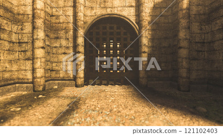 Closed castle gate in the evening 121102403