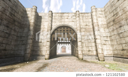Open castle gate, a historic stone building 121102580