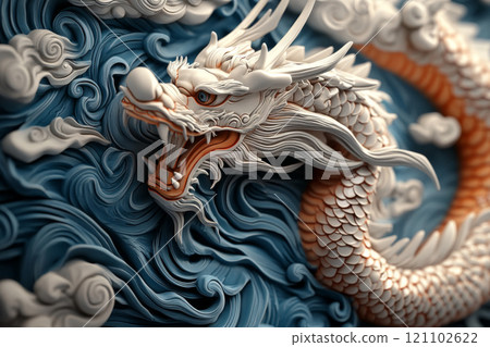 Majestic dragon sculpture with intricate details, surrounded by swirling clouds and waves, showcasing blend of artistry and cultural significance Majestic dragon sculpture with intricate details, surrounded by swirling clouds and waves, showcasing blend of artistry and cultural significance 121102622