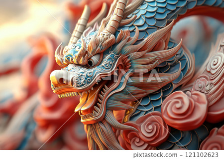 vibrant and intricately detailed dragon sculpture, showcasing its fierce expression and ornate features, surrounded by swirling clouds. This artwork reflects traditional craftsmanship and cultural 121102623