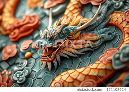 vibrant and intricate dragon design showcases traditional Chinese artistry, featuring detailed scales and expressive facial features, surrounded by colorful clouds and floral patterns 121102624